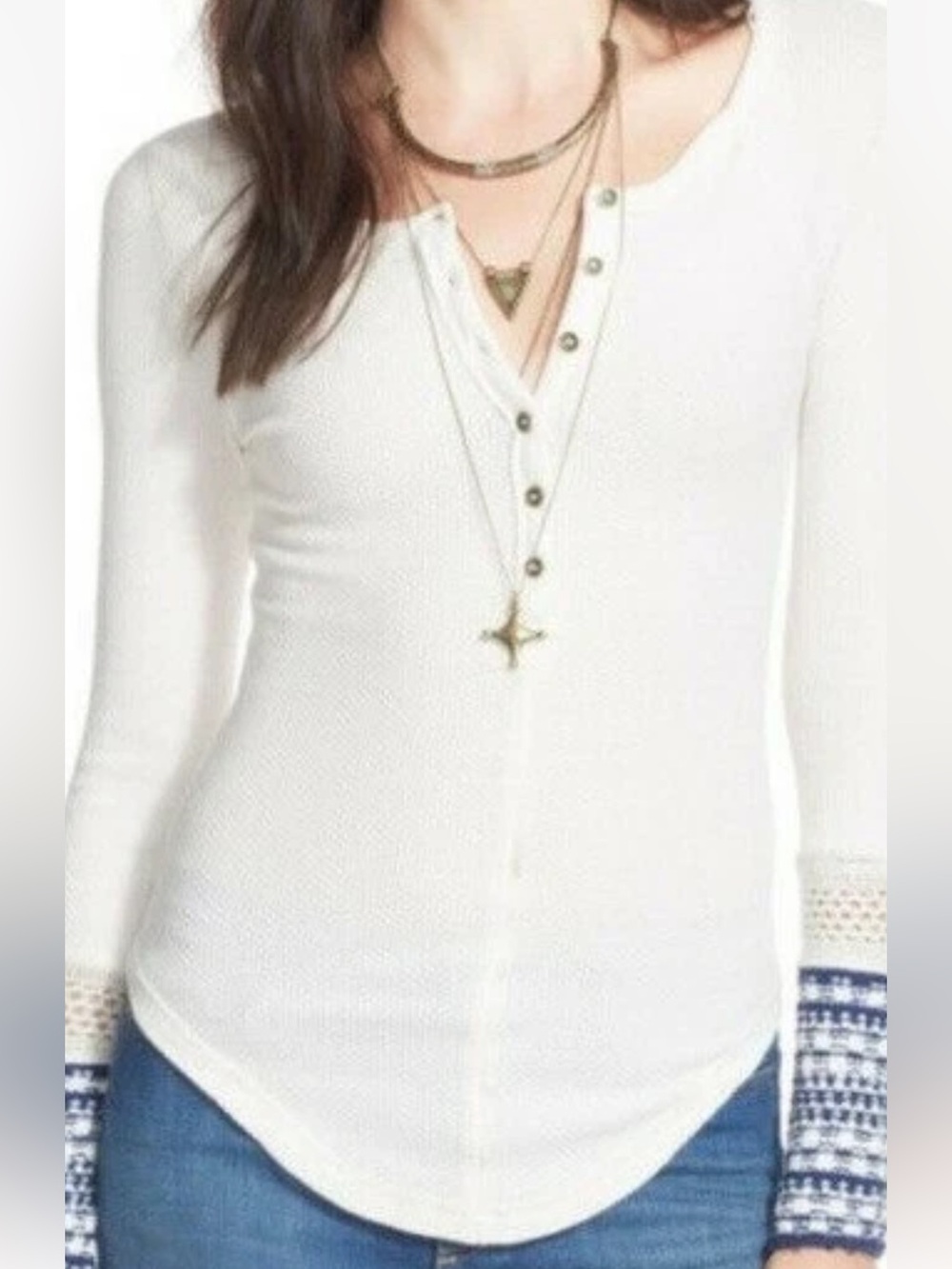 Free people Women’s White Henley Thermal Top with Blue Patterned Cuffs